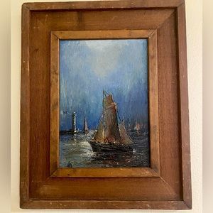 Original vintage sailboat and lighthouse painting